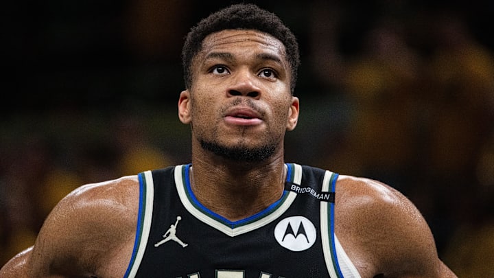Apr 29, 2025; Indianapolis, Indiana, USA; Milwaukee Bucks forward Giannis Antetokounmpo (34) during game five of the first round for the 2024 NBA Playoffs against the Indiana Pacers at Gainbridge Fieldhouse. Mandatory Credit: Trevor Ruszkowski-Imagn Images