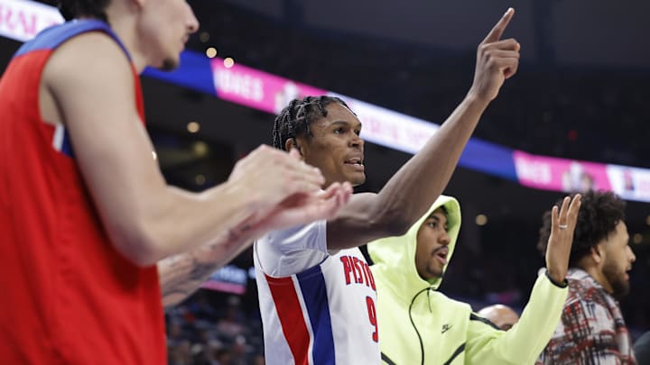 Apr 2, 2025; Oklahoma City, Oklahoma, USA; Detroit Pistons forward Ausar Thompson (9) : Alonzo Adams-Imagn Images