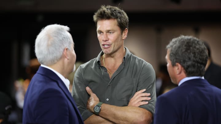 Aug 24, 2024; Fort Lauderdale, Florida, USA; Former NFL player Tom Brady during the match between the FC Cincinnati and the Inter Miami at Chase Stadium. Mandatory Credit: Nathan Ray Seebeck-USA TODAY Sports