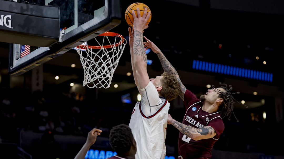 Mar 19, 2026; Oklahoma City, OK, USA; Saint Mary's (CA) Gaels center Andrew McKeever (45) takes a shot during a first round game of the men's 2026 NCAA Tournament at Paycom Center. Mandatory Credit: Alonzo Adams-Imagn Images