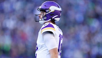Nov 30, 2025; Seattle, Washington, USA; Minnesota Vikings quarterback Max Brosmer (12) reacts after a play during the second half against the Seattle Seahawks at Lumen Field.