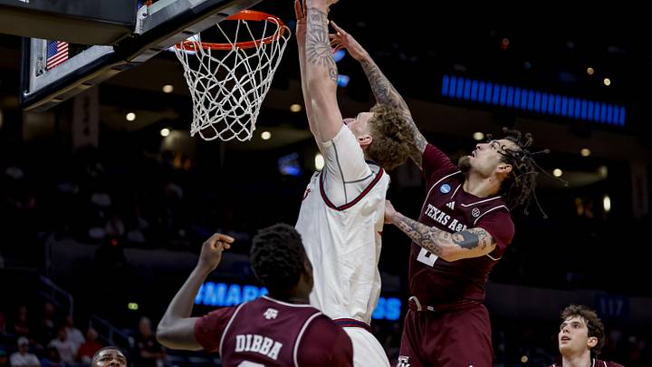 Mar 19, 2026; Oklahoma City, OK, USA; Saint Mary's (CA) Gaels center Andrew McKeever (45) takes a shot during a first round game of the men's 2026 NCAA Tournament at Paycom Center. Mandatory Credit: Alonzo Adams-Imagn Images