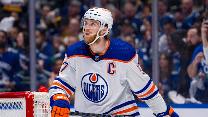 May 16, 2024; Vancouver, British Columbia, CAN; Edmonton Oilers forward Connor McDavid (97) during a stop in play against the Vancouver Canucks during the second period in game five of the second round of the 2024 Stanley Cup Playoffs at Rogers Arena. Mandatory Credit: Bob Frid-Imagn Images