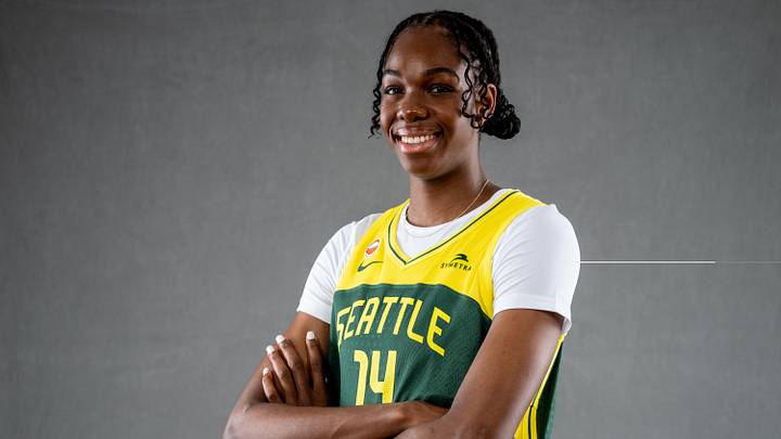 Apr 22, 2026; Seattle, WA, USA; Seattle Storm center Dominique Malonga (14) is pictured at BECU Storm Center. Mandatory Credit: Stephen Brashear-Imagn Images