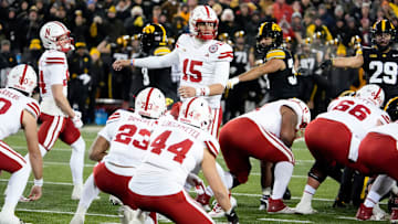 Nebraska Cornhuskers quarterback Dylan Raiola (15) reacts as his team is called for a false start against the Iowa Hawkeyes Friday, Nov. 29, 2024 at Kinnick Stadium in Iowa City, Iowa.