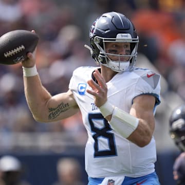 Tennessee Titans quarterback Will Levis (8) passes against the Chicago Bears during the third quarter at Soldier Field in Chicago, Ill., Sunday, Sept. 8, 2024.