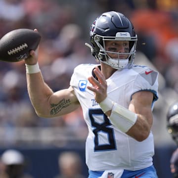 Tennessee Titans quarterback Will Levis (8) passes against the Chicago Bears during the third quarter at Soldier Field in Chicago, Ill., Sunday, Sept. 8, 2024.