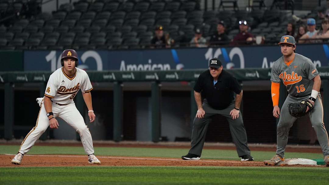 Feb 28, 2026; Arlington, TX, USA; Landon Hairston takes a lead off of first against the Tennessee Volunteers during the Amegy Bank College Baseball Series at Globe Life Field. Feb 28, 2026; Arlington, TX, USA; Landon Hairston takes a lead off of first against the Tennessee Volunteers during the Amegy Bank College Baseball Series at Globe Life Field.