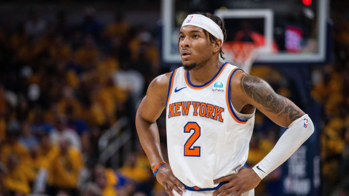 May 17, 2024; Indianapolis, Indiana, USA; New York Knicks guard Miles McBride (2) during game six of the second round for the 2024 NBA playoffs against the Indiana Pacers at Gainbridge Fieldhouse. Mandatory Credit: Trevor Ruszkowski-USA TODAY Sports