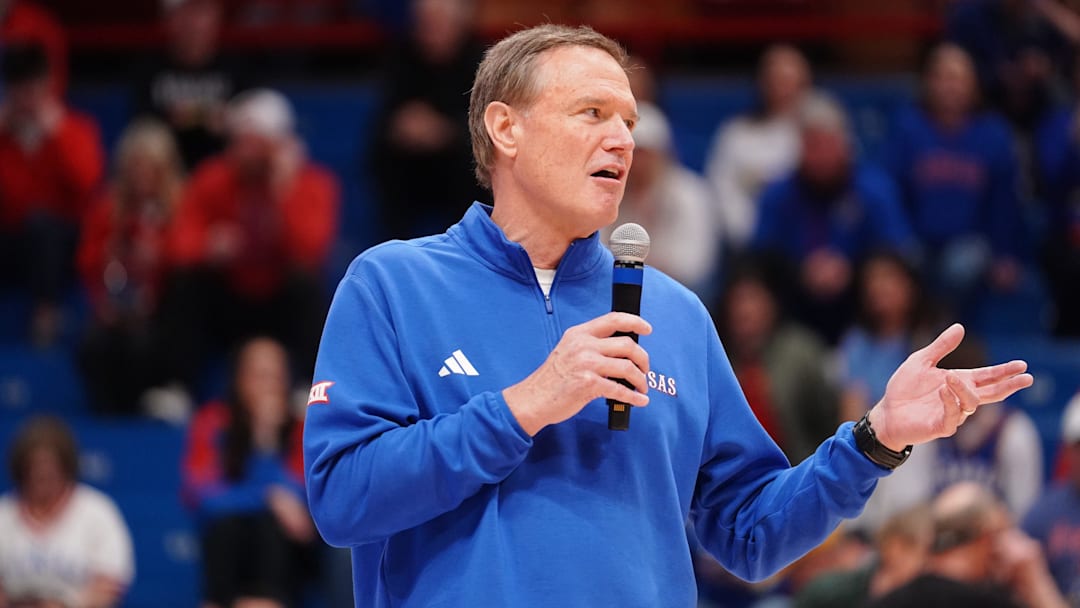 Kansas Jayhawks head coach Bill Self talks to the crowd following the Sunflower Showdown game inside Allen Fieldhouse in Lawrence, Kansas, on Saturday, March 7, 2026.