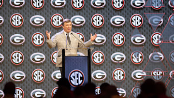 Jul 16, 2024; Dallas, TX, USA; Georgia head coach Kirby Smart speaking at Omni Dallas Hotel. Mandatory Credit: Brett Patzke-Imagn Images