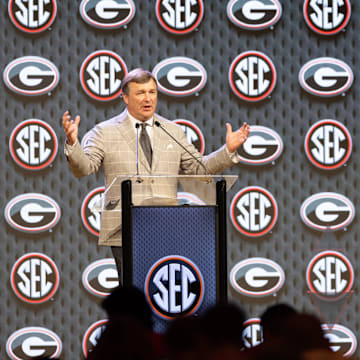 Jul 16, 2024; Dallas, TX, USA; Georgia head coach Kirby Smart speaking at Omni Dallas Hotel. Mandatory Credit: Brett Patzke-Imagn Images