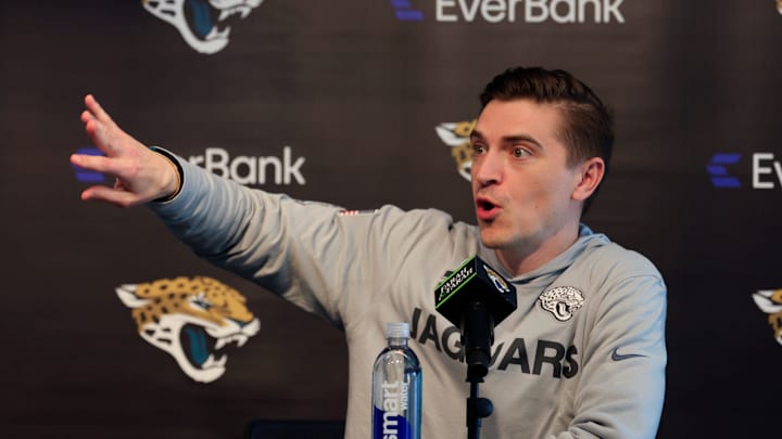 Jacksonville Jaguars general manager James Gladstone speaks during a press conference at Miller Electric Center Tuesday, April 15, 2025 in Jacksonville, Fla. [Corey Perrine/Florida Times-Union]