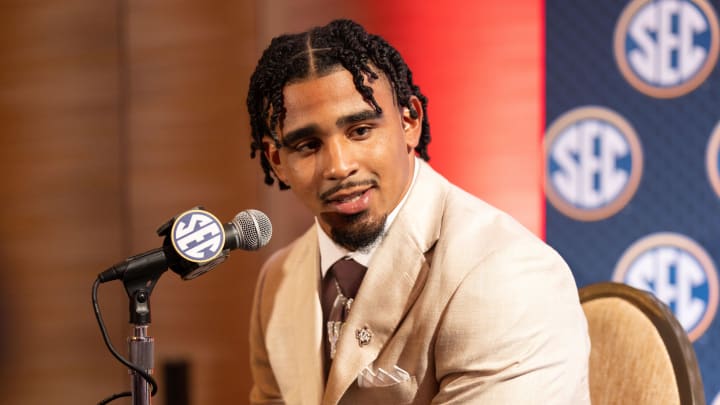 Jul 18, 2024; Dallas, TX, USA; Texas A&M linebacker Taurean York speaks to the media at Omni Dallas Hotel. Mandatory Credit: Brett Patzke-USA TODAY Sports