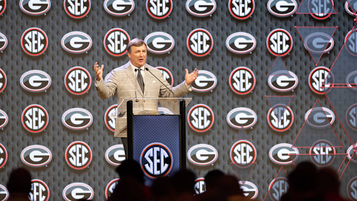 Jul 16, 2024; Dallas, TX, USA; Georgia head coach Kirby Smart speaking at Omni Dallas Hotel. Mandatory Credit: Brett Patzke-Imagn Images