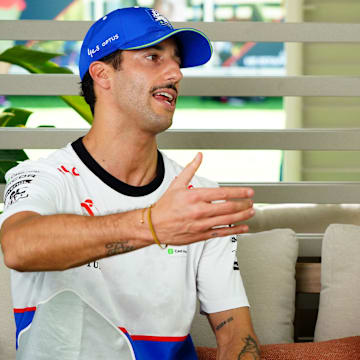 May 2, 2024; Miami Gardens, Florida, USA;   RB driver Daniel Ricciardo (3) and RB teammate Yuki Tsunoda (22) addresses the media in advance of the Miami Grand Prix at the Miami International Autodrome. Mandatory Credit: John David Mercer-Imagn Images