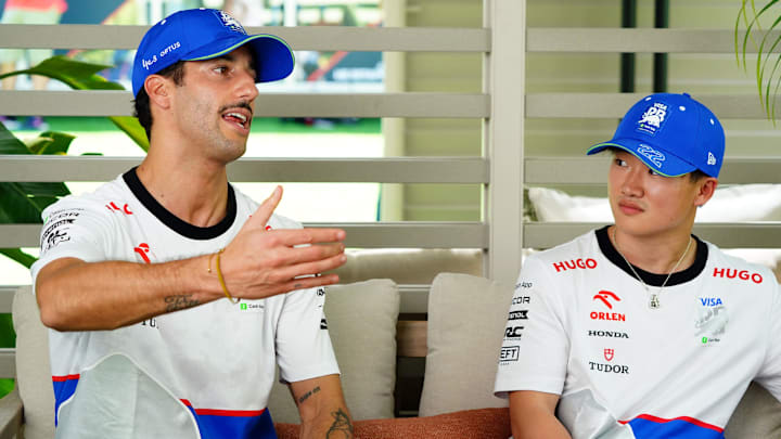 May 2, 2024; Miami Gardens, Florida, USA;   RB driver Daniel Ricciardo (3) and RB teammate Yuki Tsunoda (22) addresses the media in advance of the Miami Grand Prix at the Miami International Autodrome. Mandatory Credit: John David Mercer-Imagn Images