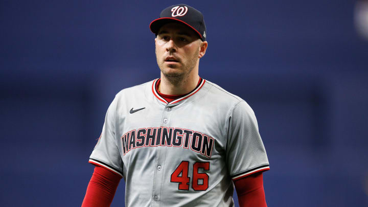 Jun 30, 2024; St. Petersburg, Florida, USA;  Washington Nationals pitcher Patrick Corbin (46) walks off the field against the Tampa Bay Rays in the third inning at Tropicana Field