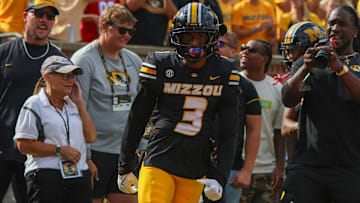 Sep 6, 2025; Columbia, Missouri, USA; Missouri Tigers wide receiver Kevin Coleman Jr. celebrates a catch that he ran to the 2-yard line against Kansas