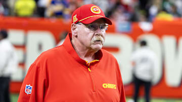 Feb 9, 2025; New Orleans, LA, USA;  Kansas City Chiefs head coach Andy Reid against the Philadelphia Eagles in Super Bowl LIX at Ceasars Superdome. Mandatory Credit: Mark J. Rebilas-Imagn Images
