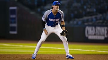Aug 28, 2022; Phoenix, Arizona, US; East infielder Bryce Eldridge (38) during the Perfect Game All-American Classic high school baseball game at Chase Field. Mandatory Credit: Mark J. Rebilas-Imagn Images