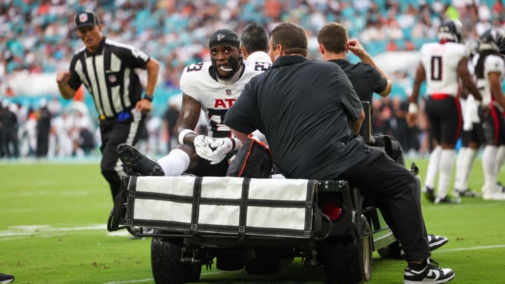 Atlanta Falcons safety DeMarcco Hellams was carted off the field in Friday night's preseason game against the Miami Dolphins.