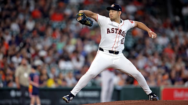 Sep 7, 2024; Houston, Texas, USA; Houston Astros starting pitcher Yusei Kikuchi (16) delivers a pitch against the Arizona Diamondbacks during the first inning at Minute Maid Park.