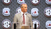 Jul 15, 2024; Dallas, TX, USA; South Carolina head coach Shane Beamer speaking to the media at Omni Dallas Hotel. Mandatory Credit: Brett Patzke-Imagn Images