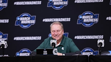 Mar 27, 2025; Atlanta, GA, USA; Michigan State Spartans head coach Tom Izzo addresses the media in a press conference during NCAA Tournament South Regional Practice at State Farm Arena. Mandatory Credit: Brett Davis-Imagn Images