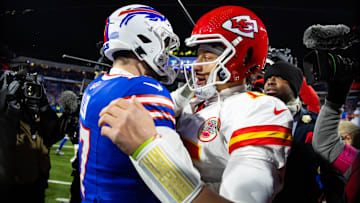 Jan 21, 2024; Orchard Park, New York, USA; Kansas City Chiefs quarterback Patrick Mahomes (15) greets Buffalo Bills quarterback Josh Allen (17) following the 2024 AFC divisional round game
