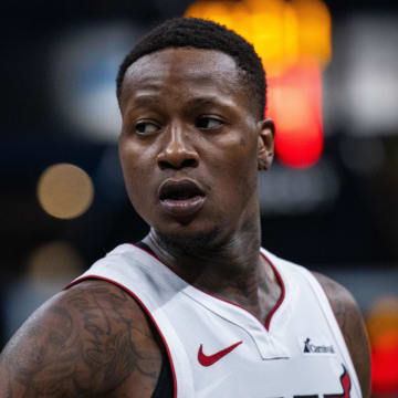Apr 7, 2024; Indianapolis, Indiana, USA;  Miami Heat guard Terry Rozier (2) in the first half
