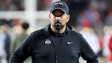 Nov 15, 2025; Columbus, Ohio, USA;  Ohio State Buckeyes head coach Ryan Day watches his team warms up before the game against the UCLA Bruins at Ohio Stadium. Mandatory Credit: Joseph Maiorana-Imagn Images