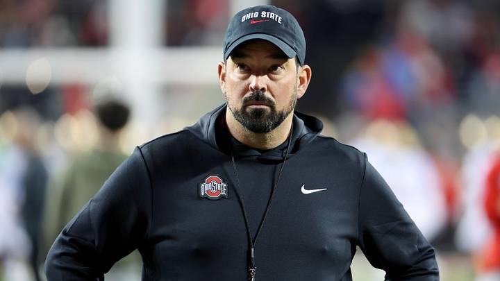 Nov 15, 2025; Columbus, Ohio, USA;  Ohio State Buckeyes head coach Ryan Day watches his team warms up before the game against the UCLA Bruins at Ohio Stadium. Mandatory Credit: Joseph Maiorana-Imagn Images
