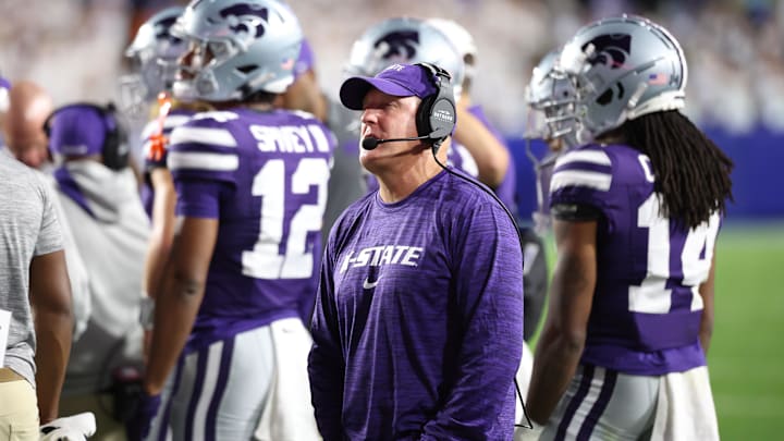 Sep 21, 2024; Provo, Utah, USA; Kansas State Wildcats head coach Chris Klieman looks on against the Brigham Young Cougars during the first quarter at LaVell Edwards Stadium. Mandatory Credit: Rob Gray-Imagn Images