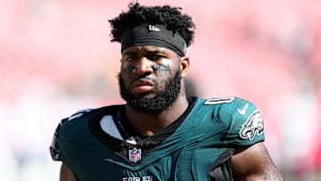Sep 29, 2024; Tampa, Florida, USA; =Philadelphia Eagles defensive end Bryce Huff (0) looks on after a game against the Tampa Bay Buccaneers at Raymond James Stadium. Mandatory Credit: Nathan Ray Seebeck-Imagn Images