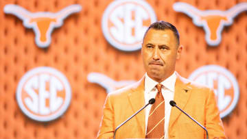 Jul 17, 2024; Dallas, TX, USA; Texas head coach Steve Sarkisian speaking at Omni Dallas Hotel. Mandatory Credit: Brett Patzke-USA TODAY Sports