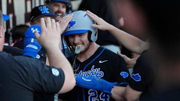 KentuckyÕs Dylan Koontz (24) celebrates after scoring a run during a NCAA baseball game against Georgia on March 14, 2025.
