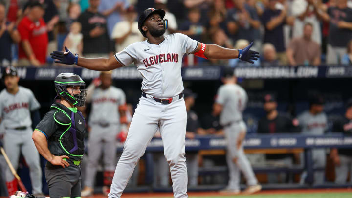 Jul 13, 2024; St. Petersburg, Florida, USA; Cleveland Guardians outfielder Jhonkensy Noel (43) runs the bases after hitting a two run home run against the Tampa Bay Rays in the eighth inning  at Tropicana Field. Mandatory Credit: Nathan Ray Seebeck-USA TODAY Sports