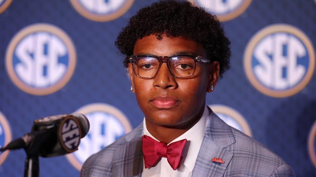 Ole Miss Rebels quarterback Trinidad Chambliss (6) speaks to the press during SEC Football Kickoff Media Day at the Tampa Marriott. 