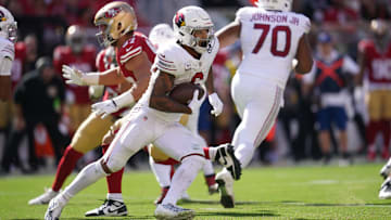 Oct 1, 2023; Santa Clara, California, USA; Arizona Cardinals running back James Conner (6) runs the