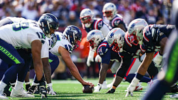 Sep 15, 2024; Foxborough, Massachusetts, USA; The New England Patriots and Seattle Seahawks line up in the second half at Gillette Stadium. Mandatory Credit: David Butler II-Imagn Images
