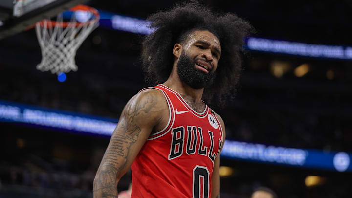 Mar 6, 2025; Orlando, Florida, USA; Chicago Bulls guard Coby White (0) reacts after a play against the Orlando Magic in the third quarter at Kia Center. Mandatory Credit: Nathan Ray Seebeck-Imagn Images