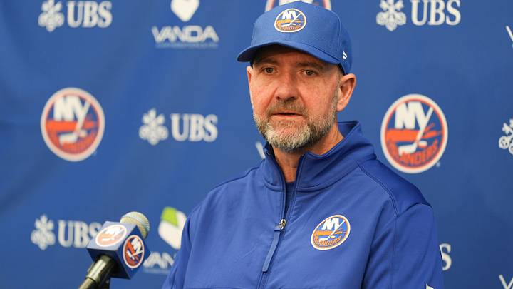 Apr 11, 2026; Elmont, New York, USA; New York Islanders head coach Peter DeBoer speaks to the media before their game against the Ottawa Senators at UBS Arena. Mandatory Credit: Alexander Wohl-Imagn Images Apr 11, 2026; Elmont, New York, USA; New York Islanders head coach Peter DeBoer speaks to the media before their game against the Ottawa Senators at UBS Arena. Mandatory Credit: Alexander Wohl-Imagn Images