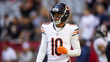 Nov 3, 2024; Glendale, Arizona, USA; Chicago Bears wide receiver Tyler Scott (10) against the Arizona Cardinals at State Farm Stadium. Mandatory Credit: Mark J. Rebilas-Imagn Images