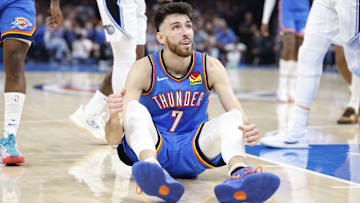 Nov 4, 2024; Oklahoma City, Oklahoma, USA; Oklahoma City Thunder forward Chet Holmgren (7) sits on the floor after a play against the Orlando Magic during the second half at Paycom Center. Mandatory Credit: Alonzo Adams-Imagn Images
