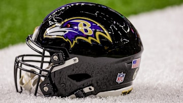 Nov 7, 2022; New Orleans, Louisiana, USA;  General view of the Baltimore Ravens helmet during the warm ups before the game against the New Orleans Saints at Caesars Superdome. Mandatory Credit: Stephen Lew-Imagn Images