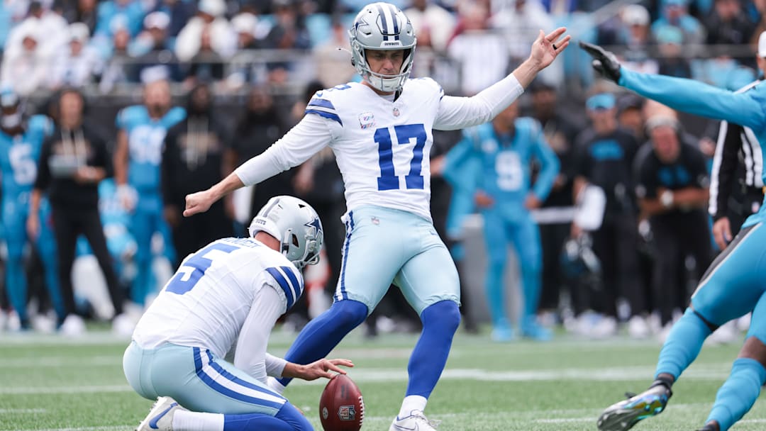 Dallas Cowboys kicker Brandon Aubrey (17) kicks a field goal during the first quarter against the Carolina Panthers at Bank of America Stadium.