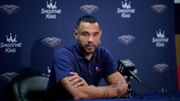 Oct 2, 2023; New Orleans, LA, USA; New Orleans Pelicans general manager Trajan Langdon : Matthew Hinton-Imagn Images