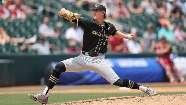 May 25, 2024; Charlotte, NC, USA; Wake Forest pitcher Josh Hartle (23) throws the ball against Florida State during the ACC Baseball Tournament at Truist Field. Mandatory Credit: Cory Knowlton-USA TODAY Sports