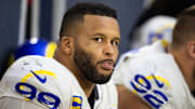  Los Angeles Rams defensive tackle Aaron Donald spits water out of his mouth against the Arizona Cardinals at State Farm Stadium. 